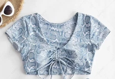Zaful Swim Crop Top Womens Small Blue Snake print Cinched Padded