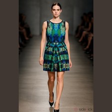 Laundry By Shelli Segal Silk Fit And Flare Blue and Green Patterned Dress US 12