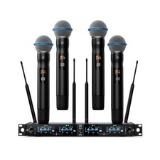 4-Channel Wireless Microphone System, 4 Handheld Dynamic Mic, 200 UHF Frequen...
