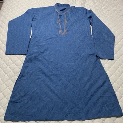 Kalpa Taru Men s Blue Embroidered Cotton Jacquard Kurta, Size 40