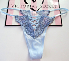 VICTORIA'S SECRET DREAM ANGELS Floral Lace Thong Panty VS Faded Denim Blue M