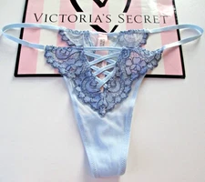 VICTORIA'S SECRET DREAM ANGELS Floral Lace Thong Panty VS Faded Denim Blue M