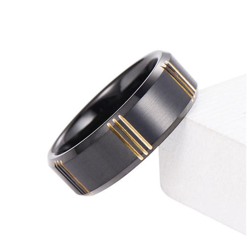 8mm Fashion Wedding Ring for Men Black Gold Grooved Men's Wedding Ring - Picture 3 of 6