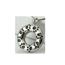 Black Paw Print Round Med Silver Stainless Steel Cremation Urn Pendant Necklace
