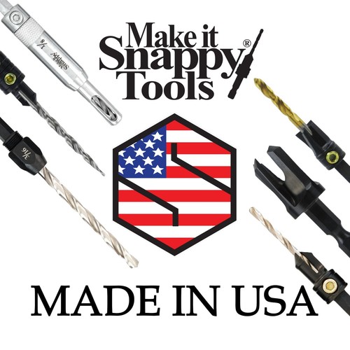Black and silver Snappy 1/4 in. tapered plug cutter with gold-black handle, in front of U.S. flag branding.