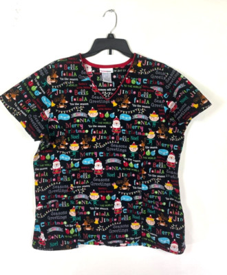 Scrubstar Woman s Size Large Scrub Top Merry Christmas Theme Santa Black