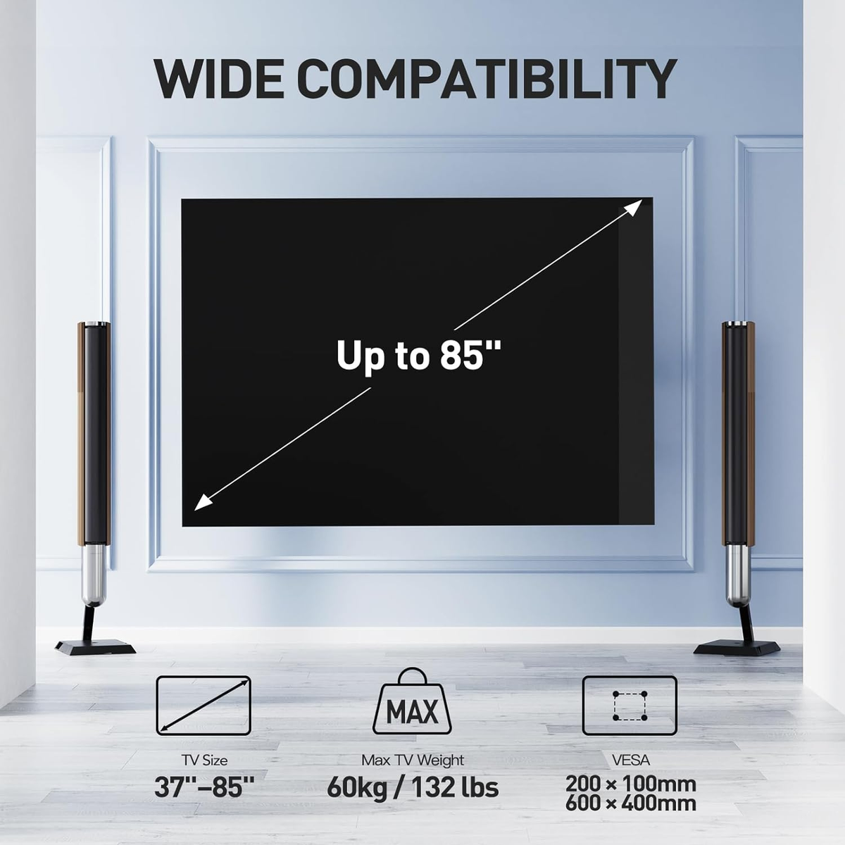 Supporto TV A Parete Perlesmith 37-85" – Girevole, Inclinabile E Estendibile, Carico 60kg, VESA 200x100-600x400mm