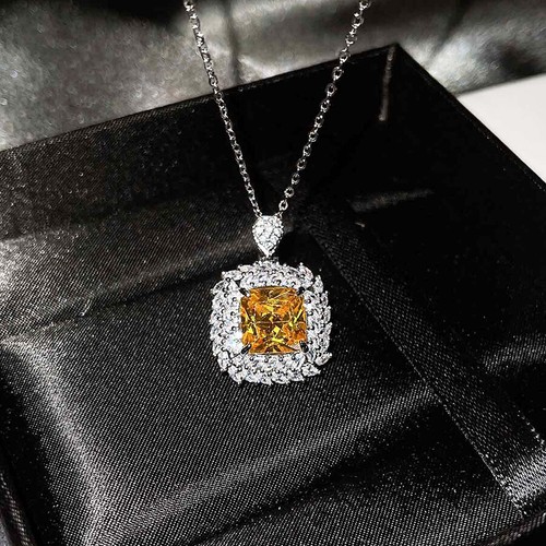 New Jewelry Set 3pc Square Gold Citrine Gems Women Silver Necklace Earring Ring - Bild 4 von 6
