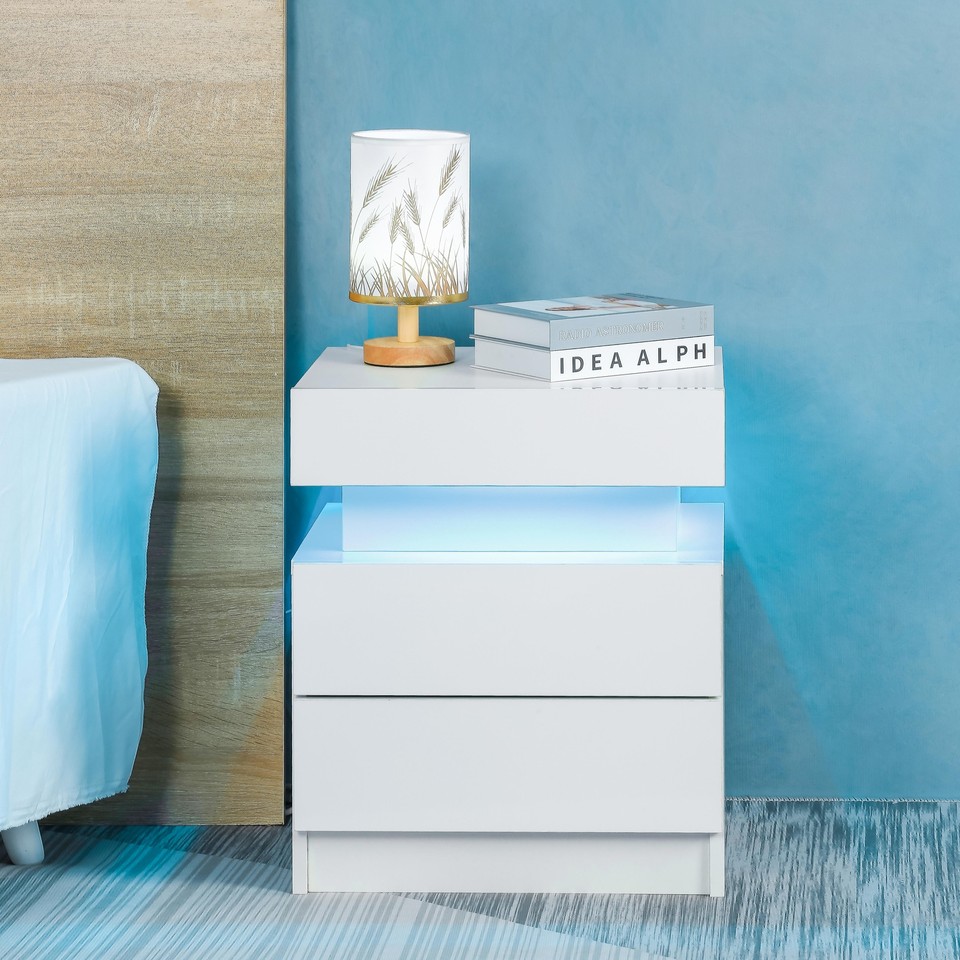 Modern Nightstand White Bedside Table with Glossy Drawers for Bedroom