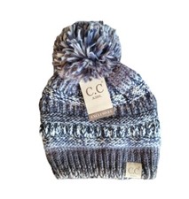 New C. C Kids M-L Black Grey Variegated Stripe Pom Beanie