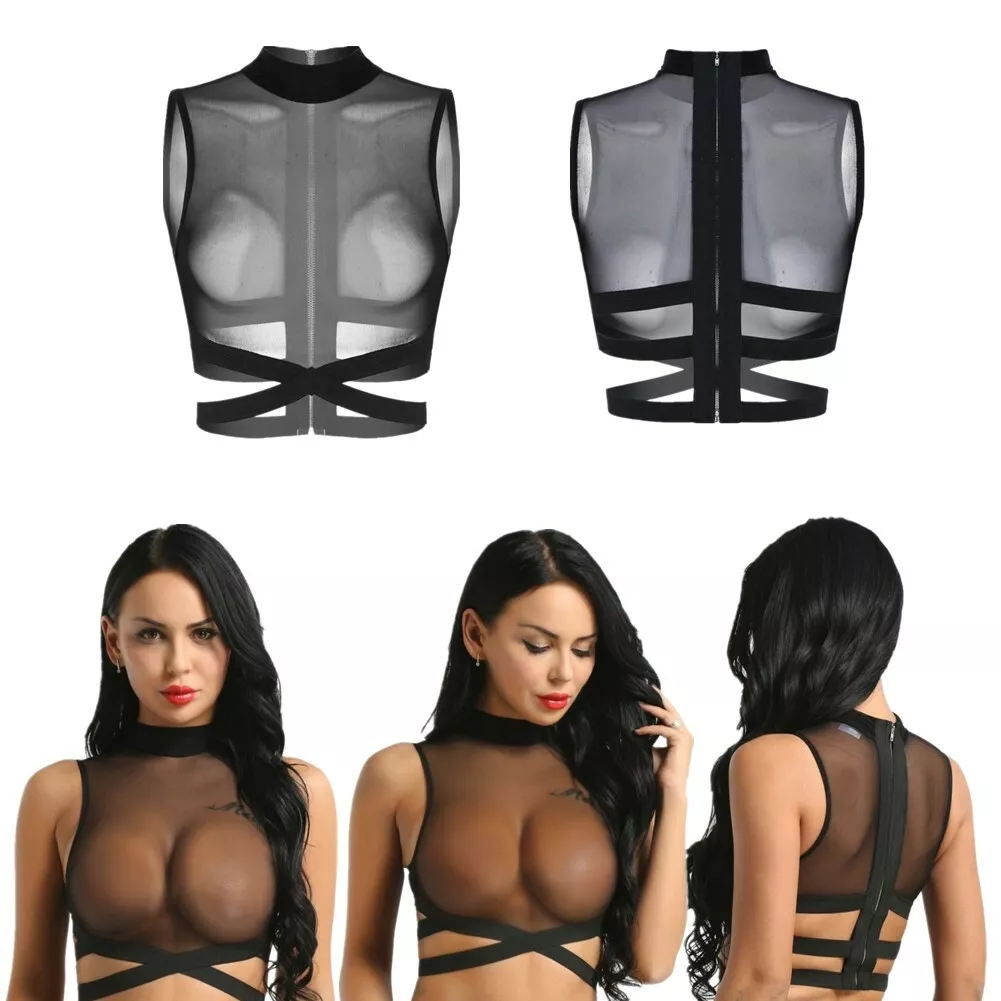 Women's Transparent Bra Bustier Zipped Short Top T-Shirt Large Size