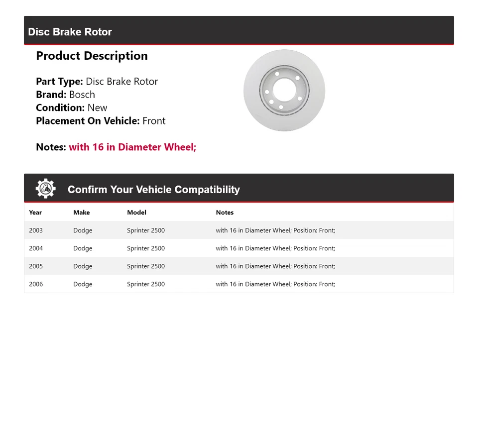 Rotor de freno de disco delantero 2004 para Dodge Sprinter 2500 Bosch QuietCast 2003-2006 Foto 2 de 4