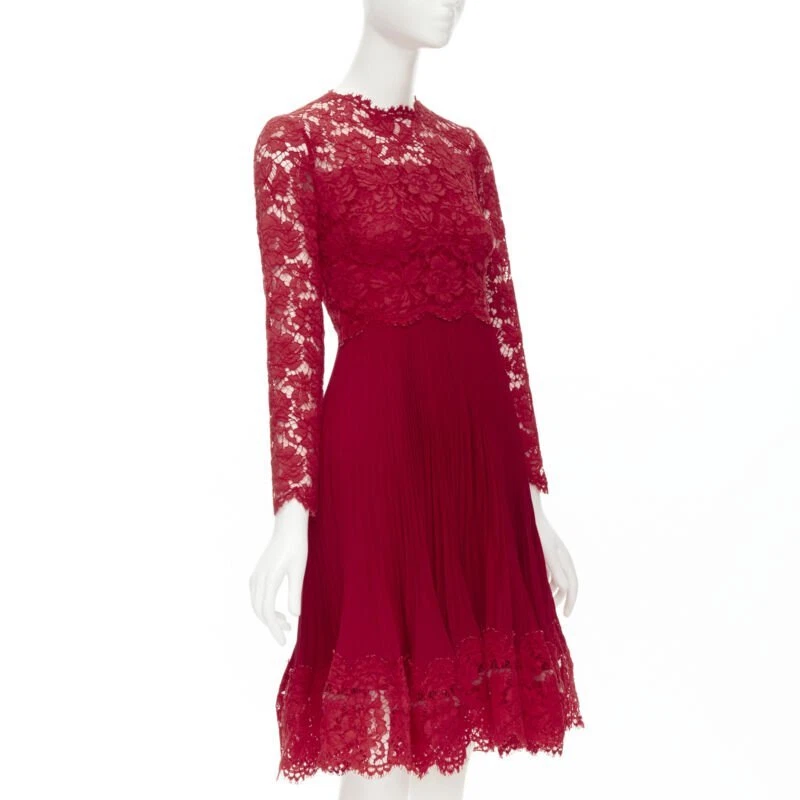 Abito da cocktail VALENTINO rosso floreale pizzo coltello gonna plissettata IT38 XS