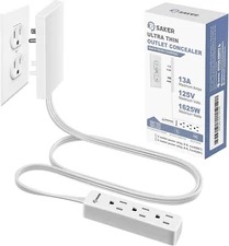 Saker Outlet Concealer Power Strip | 5Ft Flat Plug Extension Cord with 3 Outlets
