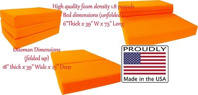 Full Size Orange Trifold Foam Bed, 6 x 54 x 75 Folding Mattressed 1.8 lb Density