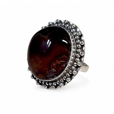 Lady's Silver Tone Orange Banded Agate Ring Size 7.25 Ornate Handcrafted