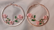 Pink Tone 3D Pink Roses 2" Hoop Earrings, Green Enamel Leaves