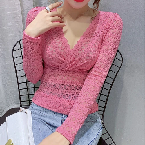 Damen Spitze Bluse Top T-Shirt V-Ausschnitt Langarm transparent durchsichtig schmal sexy weich - Bild 10 von 23