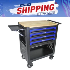 Tool Cart 4-Drawer Multifuctional Tool Storage with Wheels & Wooden Top Blue