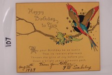 1929 Vintage Birthday Card Colorful Bird Floral Poem