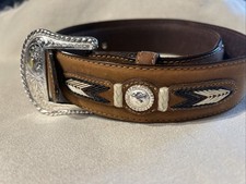 Tony Lama Western Leather Belt Silver Engraved Buckle Concho Stitching Size 32