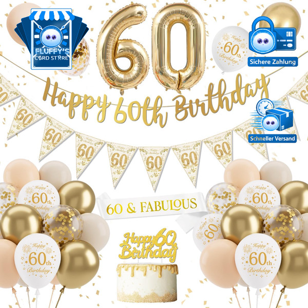 60. Geburtstag Deko Frauen Luftballons Weiß Gold Konfetti Folienballons 60-image