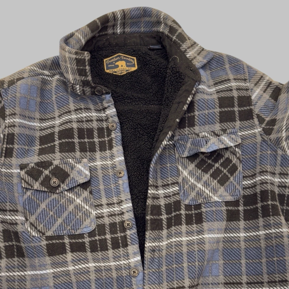 Chaqueta Camisa Freedom Foundry Sherpa Forrada Franela Azul Gris Cuadros Para Hombre’s L Foto 2 de 4