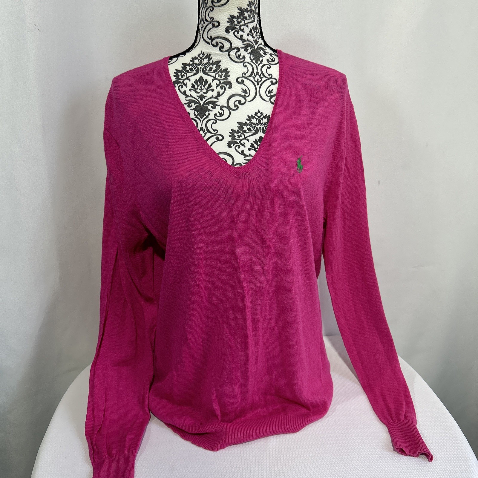 Ralph Lauren Sport Women’s Pink V-Neck Cotton Linen Sweater Boyfriend Fit Sz L