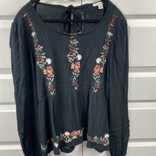 Boho Peasant Gauze Embroidered Floral Long Sleeve Top Black Medium American Eagl