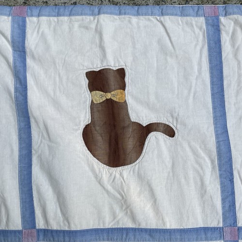 Vtg Cat Quilt Hand Applique Embroidery Quilted Blue 80s Kitty Square 48x56 - Picture 11 of 19
