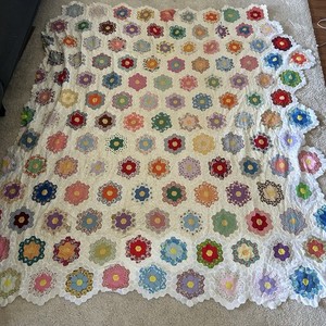 Vtg Grandmothers Flower Garden Quilt Top Unfinished Hexagon Scrappy Multi Era