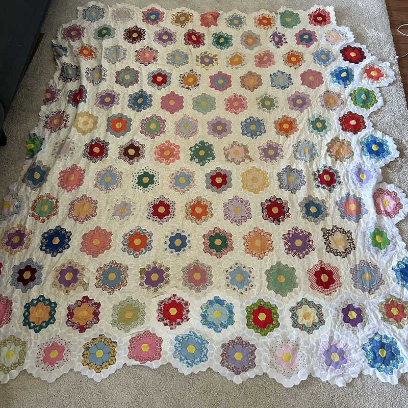 Vtg Grandmothers Flower Garden Quilt Top Unfinished Hexagon Scrappy Multi Era