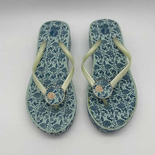 Juicy Couture Wedge Flip Flop Sandals Womens Sz 38 Y2K Blue Gold Logo Platform - Afbeelding 2 van 11