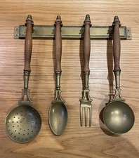 Vintage Brass & Wood "French Style" Kitchen Utensils + Rack.  Total weight 1183g