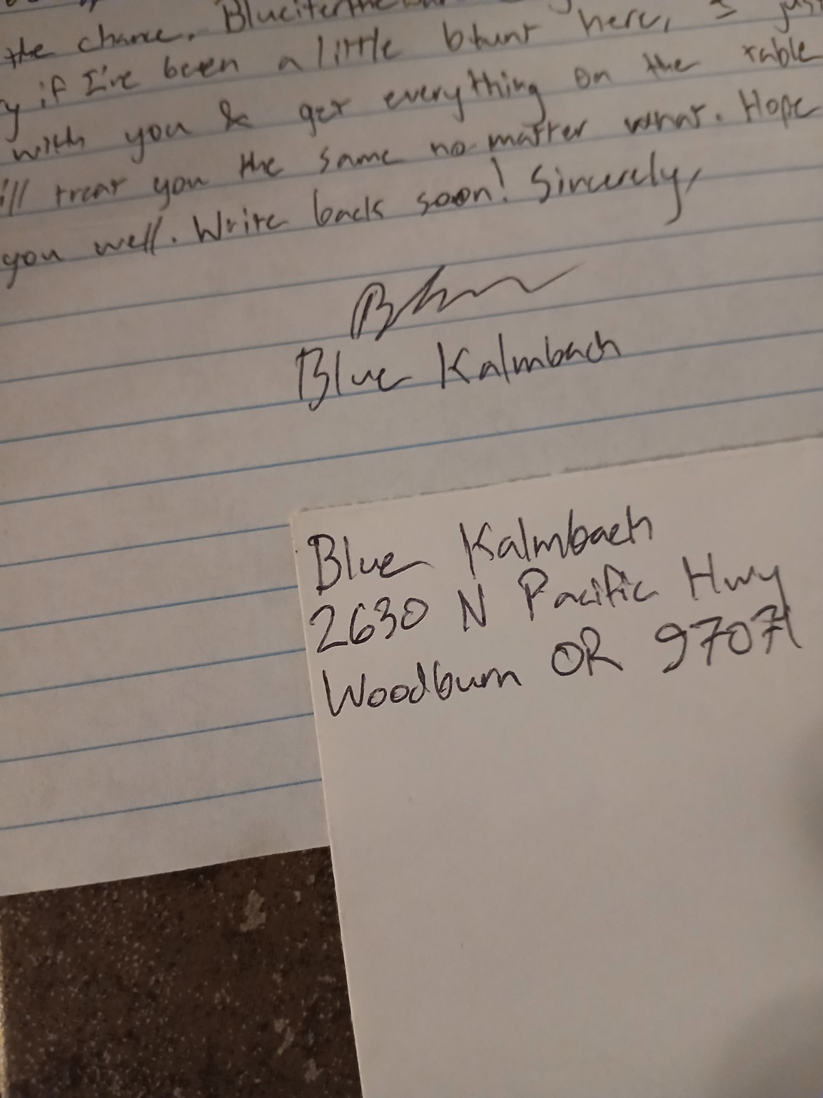 Blue Kalmbach Prison Letter Rare Released Signed 1 Page
