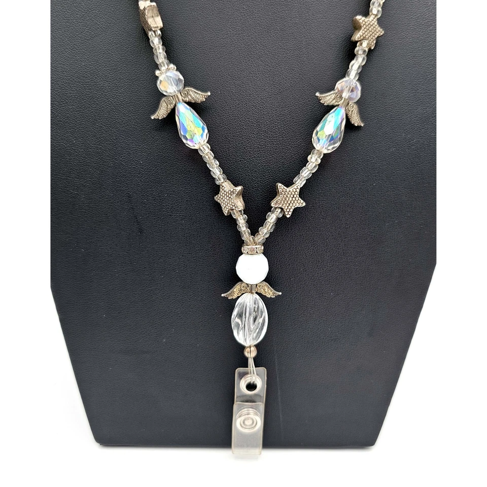 串珠天使徽章挂绳项链 – 透明水晶珠、星星饰品、身份证夹 — 第 3/4 张图片