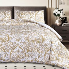 3 Piece Comforter Set Cotton Bedding Set Classic Damask Print Bronze King Size