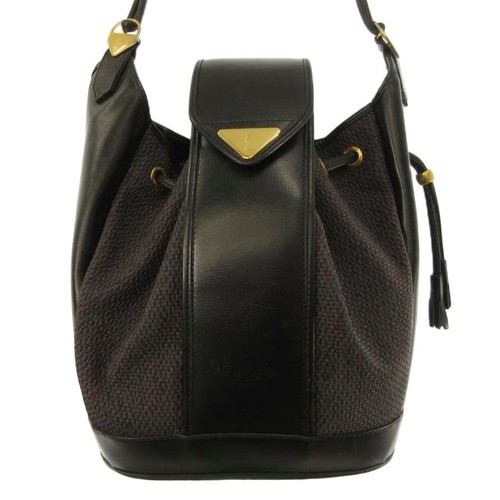 Yves Saint Laurent Vintage Black Leather Combo Bucket Shoulder Bag Gold Auth