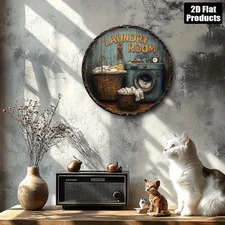 Retro Laundry Room Sign with Washing Machine Round Aluminum