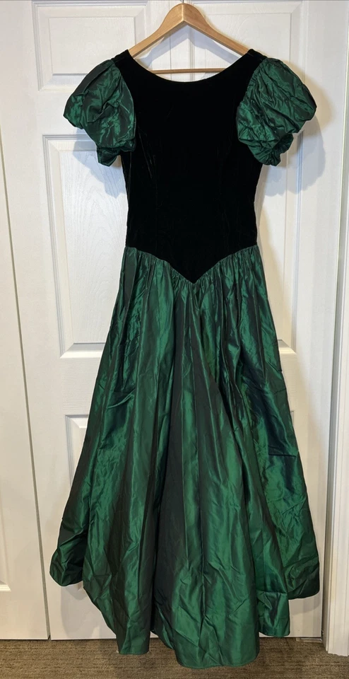 Vestido De Colección Whats Up by Carol Talla 14 Verde Tafetán Terciopelo Manga Abullonada Lazo Años 80 Foto 3 de 4