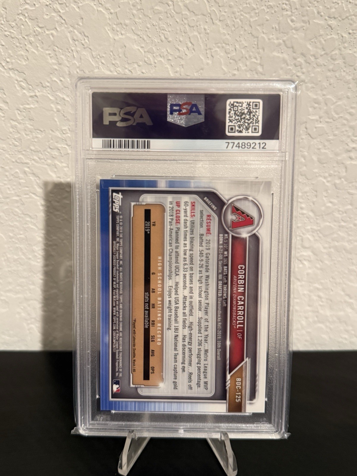 2019 Bowman Draft - Chrome Corbin Carroll #BDC-125 Sky Blue Refractor Psa 10 view 2