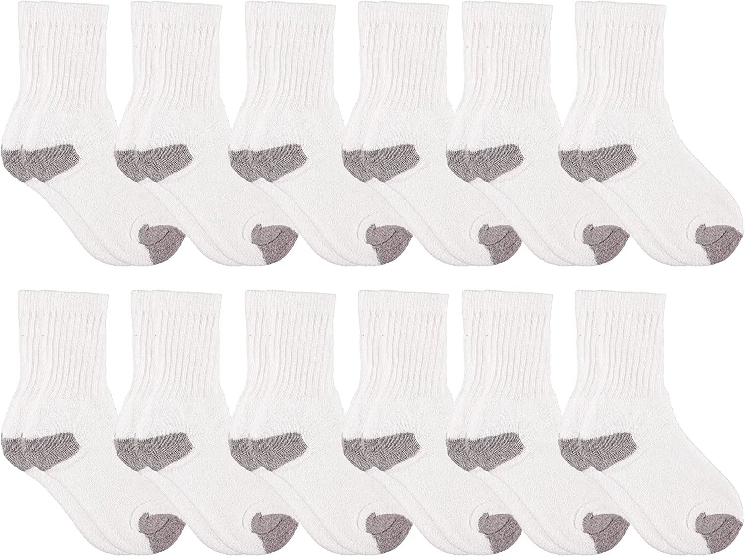 12 Pairs Wholesale Unisex Cotton Crew Socks, White Little Kids / Gray Heel& Toe