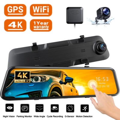 TOGUARD 12'' WiFi Mirror Dash Cam 4K GPS Front/Rear Dual Dash Camera Voice Contro