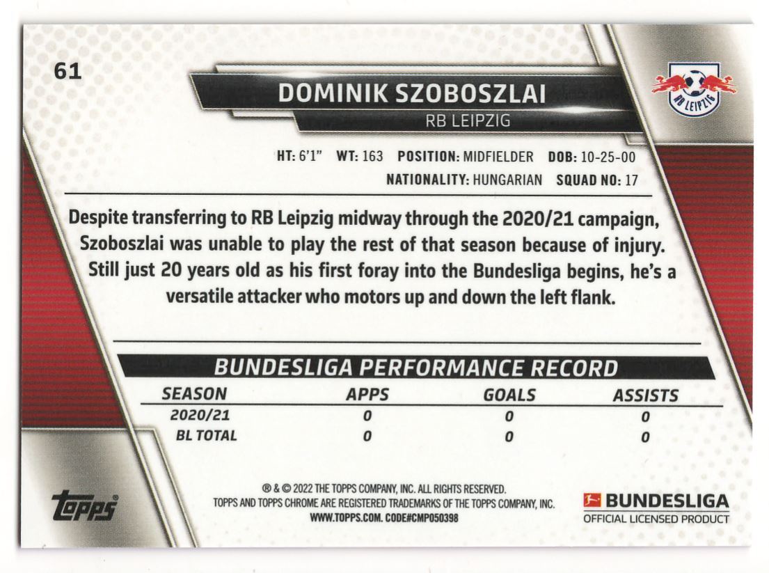 2021 TOPPS CHROME SAPPHIRE BUNDISLIGA #61 DOMINIK SZOBOSZLAI RB
