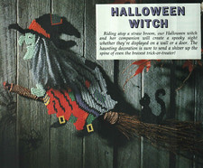 HALLOWEEN WITCH ON BROOM WITH BLACK CAT PLASTIC CANVAS PATTERN INSTRUCTIONS