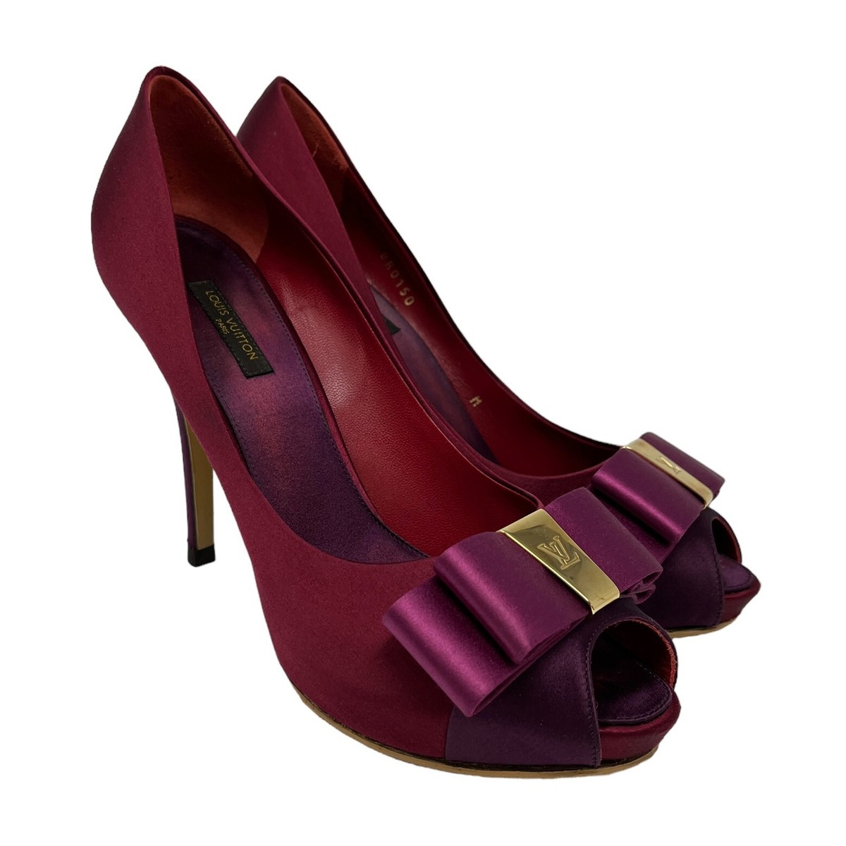 LOUIS VUITTON LV Logo Sandals Heels #38.5 US8 Open Toe Ribbon Red