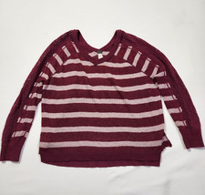 We The Free Women Small Slouchy Red Burgundy Striped V Neck Crochet Sleeves M4