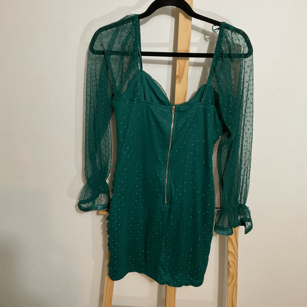 Haute Monde, Mini dress Green, Ruched Mesh Long Sleeve, Size Large | eBay