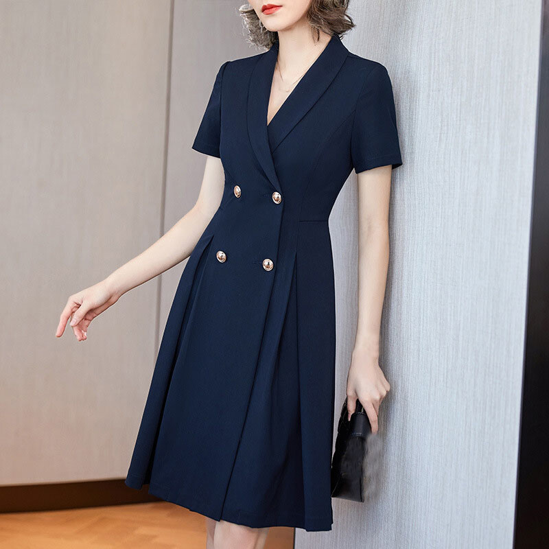 Women's Business Double-Breasted A-Line Dress Workwear Short Sleeve Office  Dress | eBay