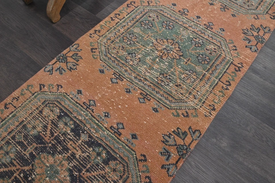 Alfombra de corredor turca vintage 2x12 pies lana anatolia hecha a mano pasillo Oushak NARANJA Foto 3 de 4